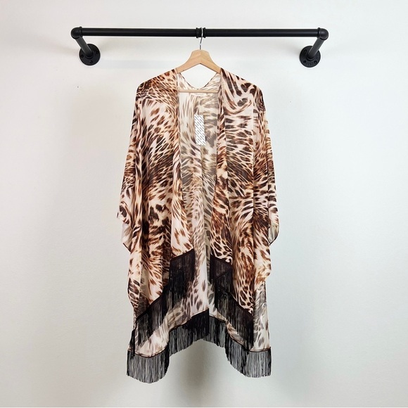 NWT Urban Outfitters Leopard Animal Print Fringe Hem Kimono - Picture 5 of 8